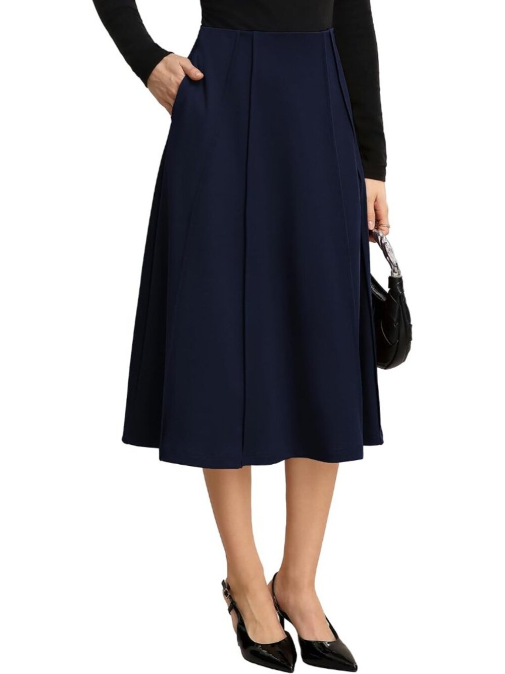 Women's Blue Panel-pleated High-waisted Deep Side Pockets A Line Flowy Skirt